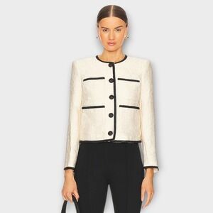 Veronica Beard Darla Tailored Jacquard Jacket Ecru Black Trim Size 8